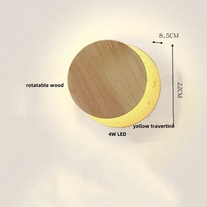 Modern yellow travertine square led wall lamp sconce with rotatable wood disc and crescent shaped light fixture
