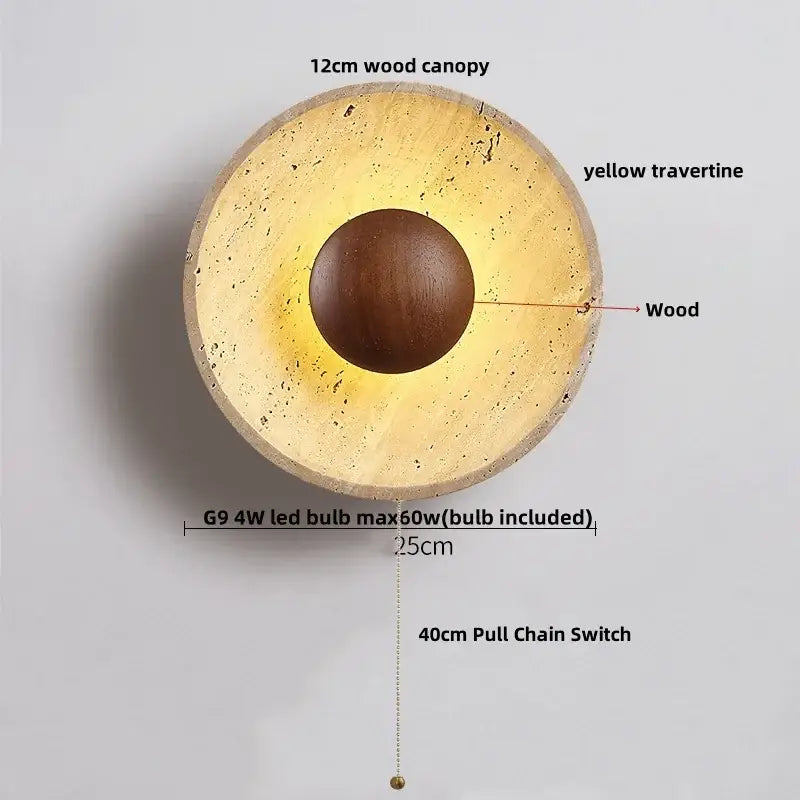 Modern yellow travertine square led wall lamp sconce with circular wood canopy and dark brown wooden sphere center