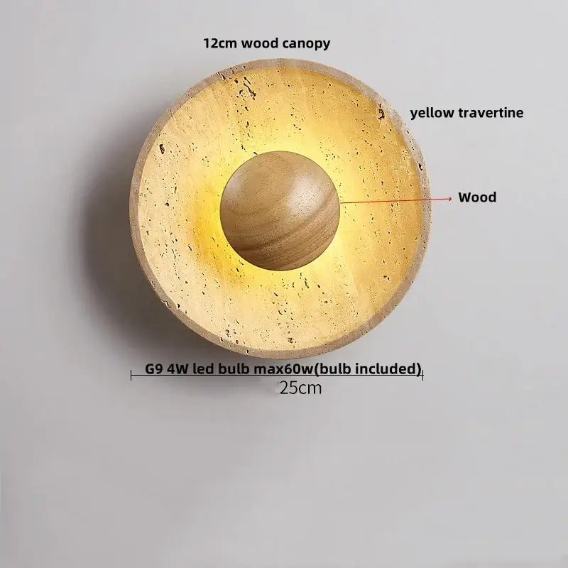 Modern yellow travertine led wall lamp sconce with a warm circular design and natural wood canopy and center sphere