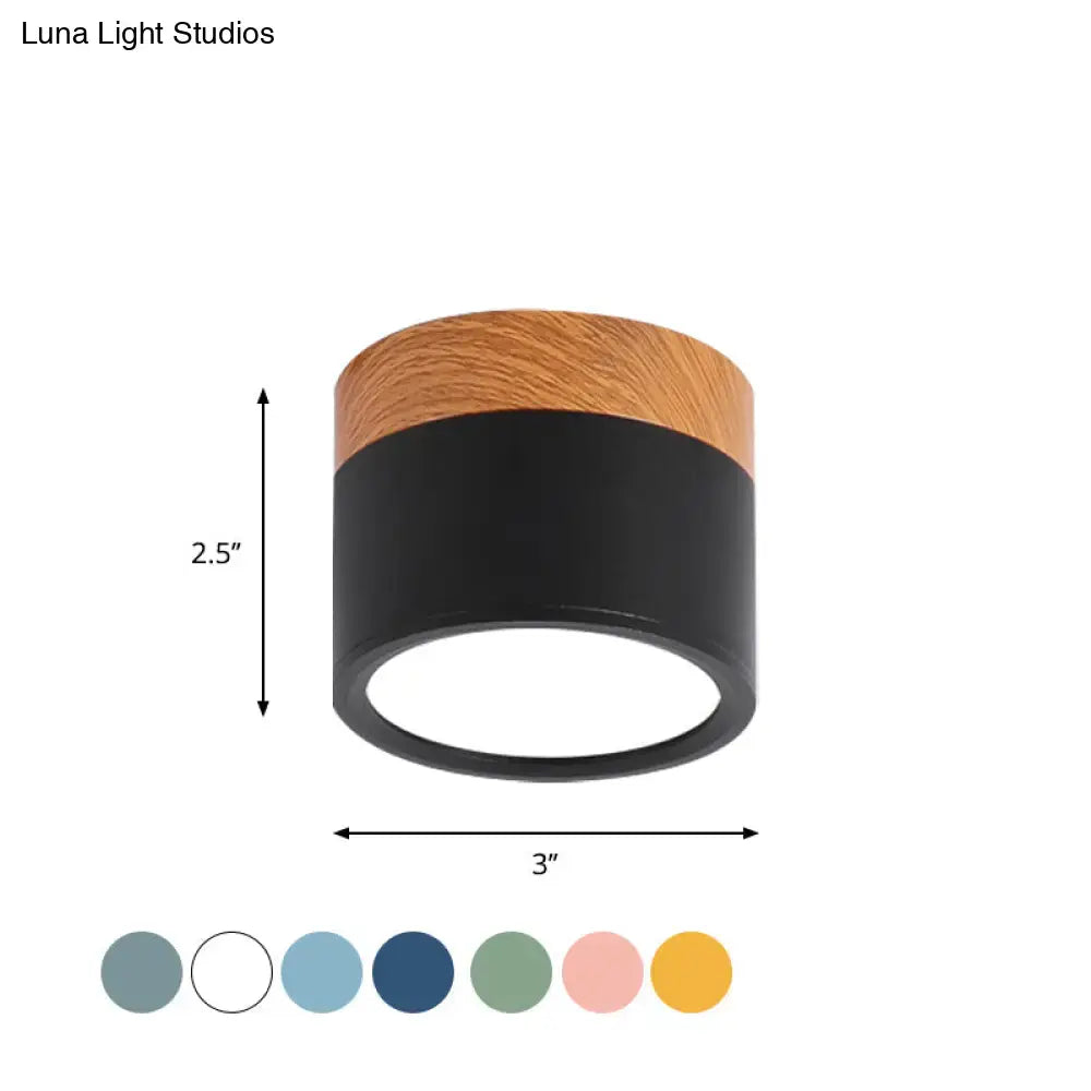 Modern DecorBites™ small macaron flush mount ceiling light with matte black metal and natural wood-grain top in multiple colors