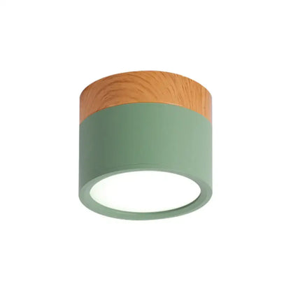 Modern flush mount ceiling light with matte sage green metal body natural wood top and integrated led ring