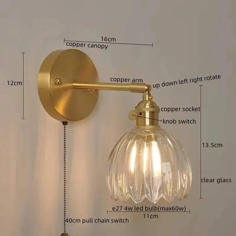 Modern zigzag green glass led wall lamp with brass finished copper sconce and clear ribbed glass led shade