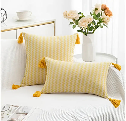 Modern zigzag jacquard woven cushion cover set with yellow and white stripes and mustard-yellow tassels for living room decorbites
