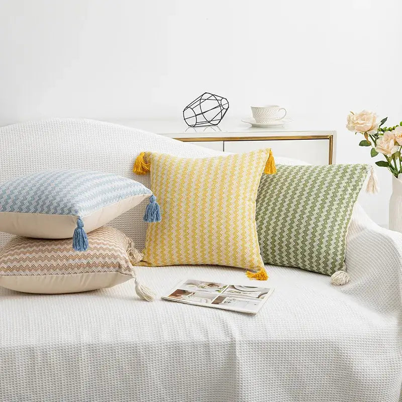 Yellow modern zigzag jacquard woven cushion cover with tassels for living room decorbites jacquard woven cushion