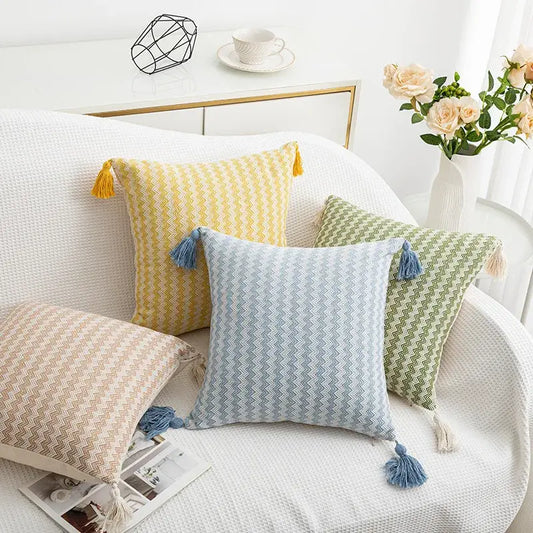 Set of four soft pastel decorbites jacquard woven cushion covers with zigzag pattern and tassel trim for living room decor