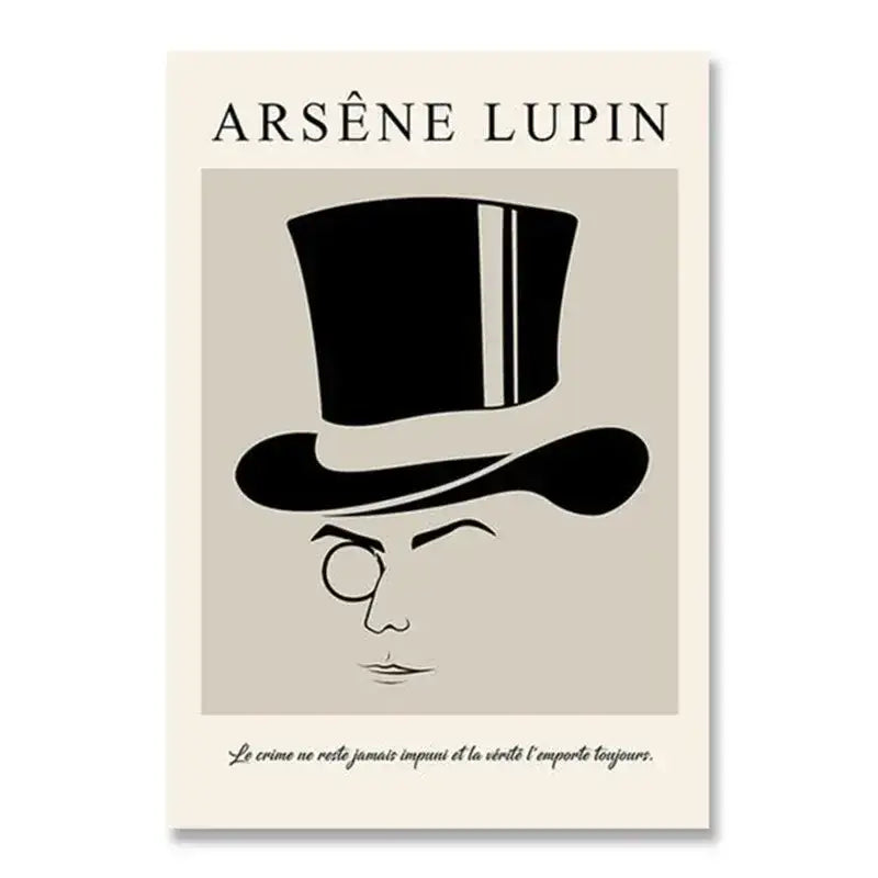 Beige canvas print featuring a black silhouette of arsène lupin in white modernism style for home decor