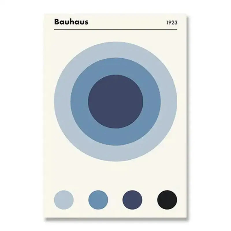 Minimalist bauhaus-inspired canvas print with blue concentric circles on cream background for modern home decor
