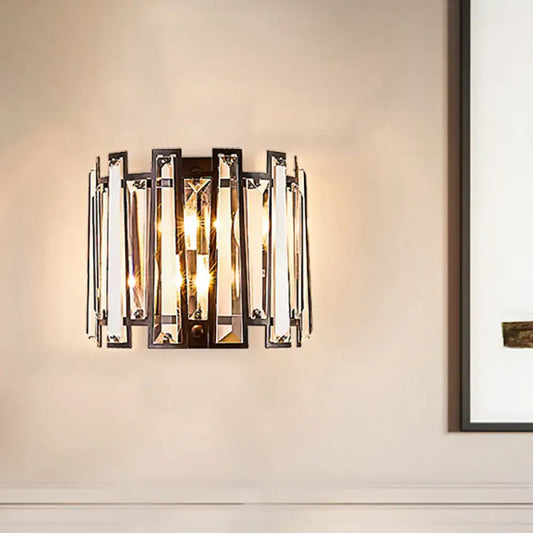 Modernist wall lamp with vertical crystal rods and black finish metal frame for corridor lighting
