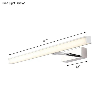 Modernist black and silver metal linear vanity sconce with chrome finished led light and adjustable arm for bathroom use
