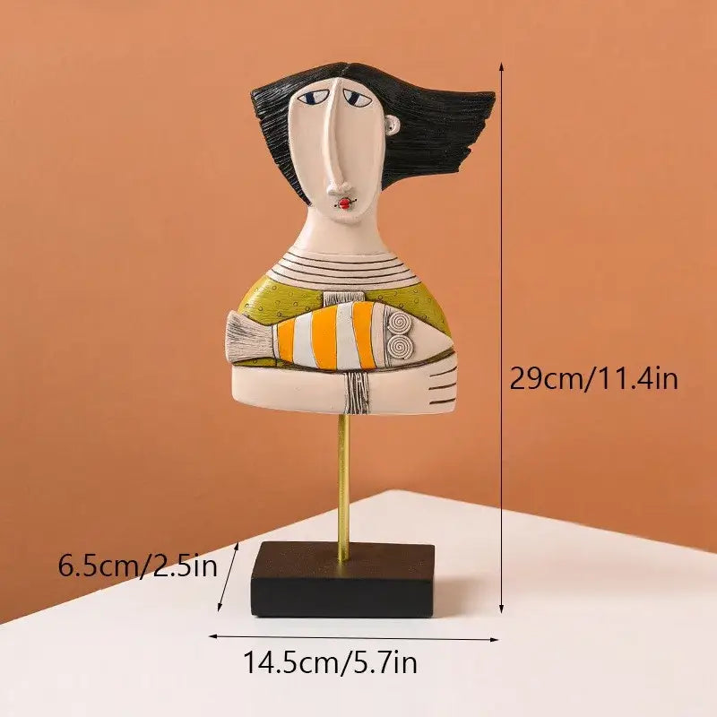 Modernist colorful ceramic abstract people statue figure with black hair striped green-and-white dress holding orange fish decorbites abstract people