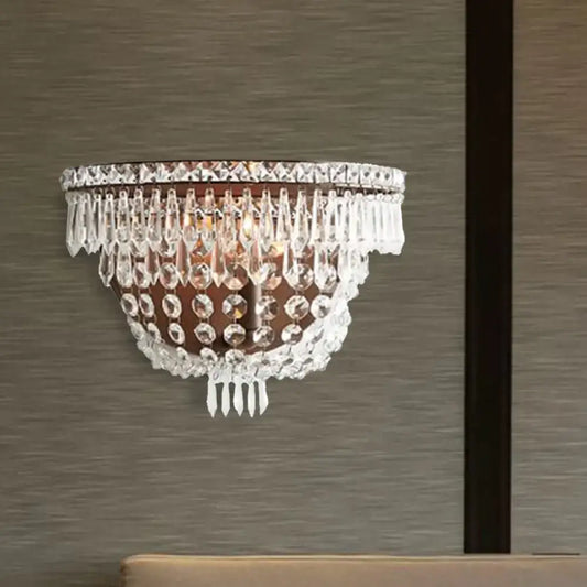 Modernist dark bronze crystal basket wall sconce with clear faceted crystals for elegant bedroom lighting