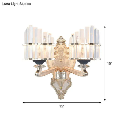 Modernist gold wall light with crystal conical shade featuring two clusters of clear rods for living room use