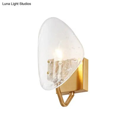 Modernist gold glass shield wall lamp with translucent textured glass shade compatible with e12 and e14 bulb
