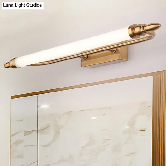 Modernist gold tube metal vanity wall light with frosted glass tube and ornate decorative ends for bathroom use