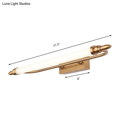 Modernist gold tube metal vanity wall light fixture with frosted glass tube and ornate spearhead ends for bathroom use