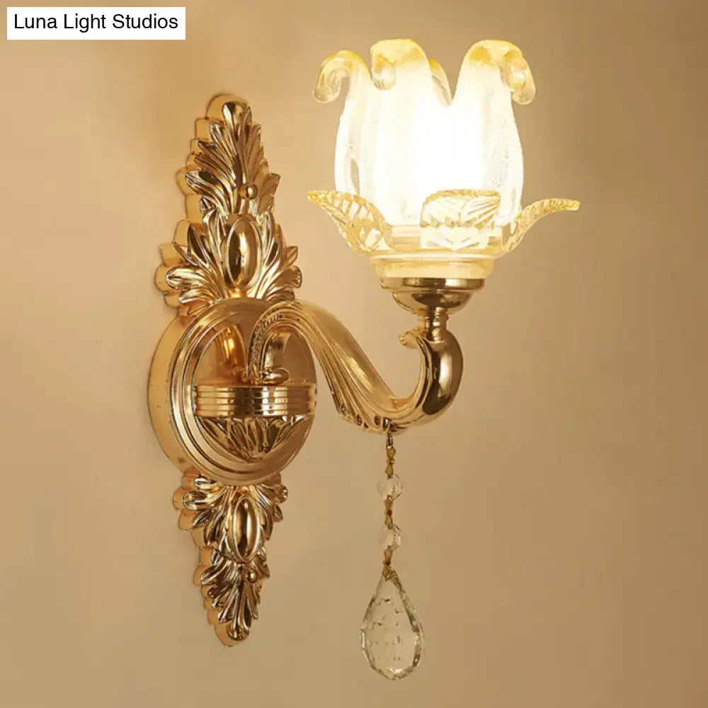 Modernist gold wall sconce with direct wired electric glass shade and crystal teardrop for living room lighting
