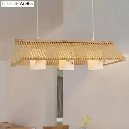 Decorbites modernist linear island lighting wood 3-light pendant lamp in beige brown with white floral fabric shades