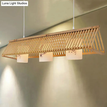 Decorbites modernist linear island beige brown bamboo pendant lamp with three floral paper shades for dining room lighting