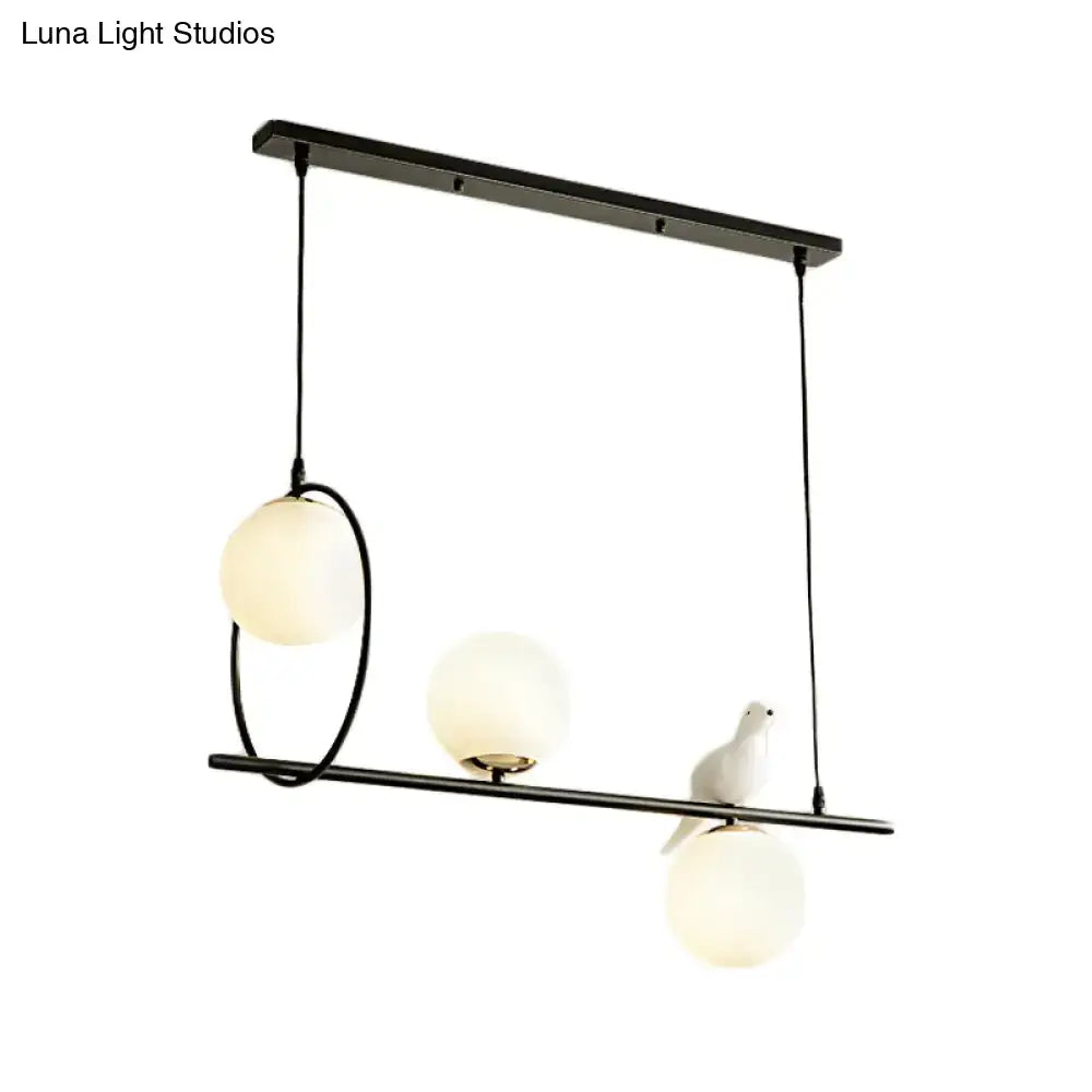 Modernist milk glass pendant black metal light with three frosted globes and white ceramic dove for dining room 220v-240v