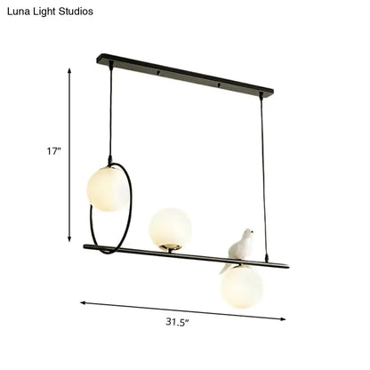 Modernist milk glass pendant black dining room light with three frosted globes and white ceramic dove accent 220v-240v 110v-120v