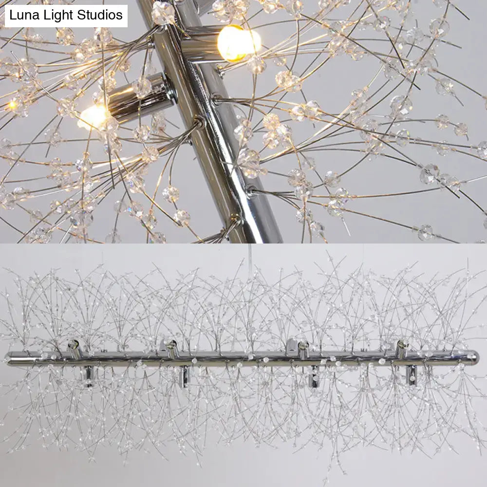 Decorbites modernist silver chrome chandelier with delicate crystal bead deco branches and warm led lights
