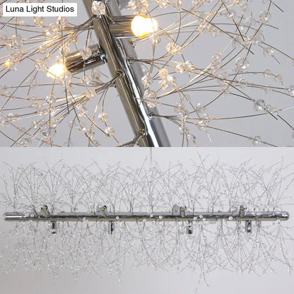 Decorbites modernist silver chrome chandelier with delicate crystal bead deco branches and warm led lights