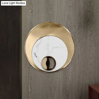 Modernist white black led sconce lighting with round marble center and polished gold metal frame for bedroom wall mirror