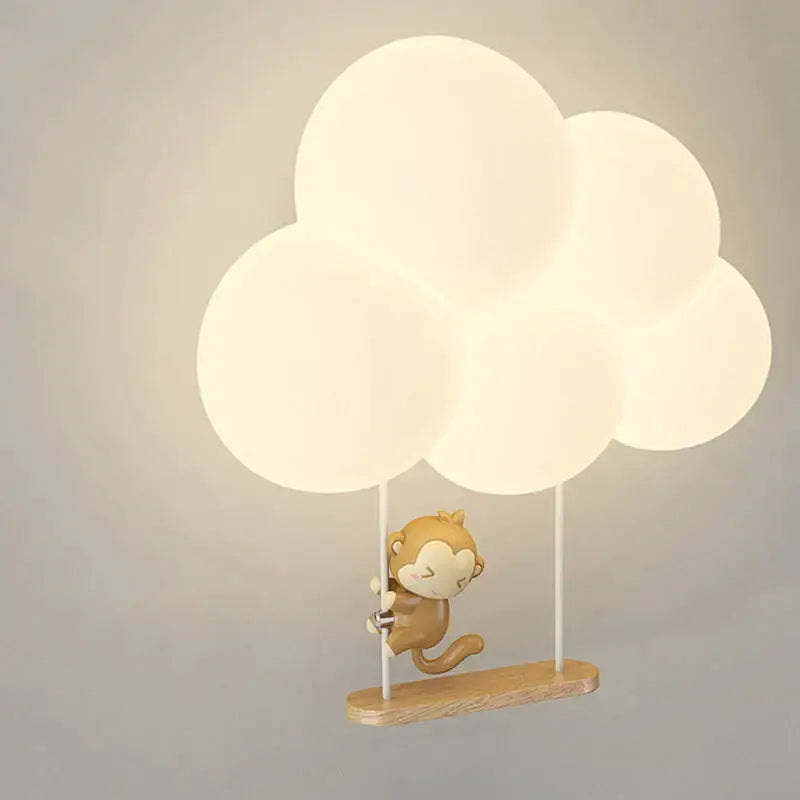 Cute brown monkey figurine holding soft white light decorbites cloud cartoon wall lamp for nursery bedroom