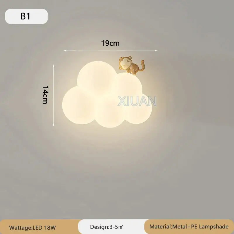 Soft warm-glowing cloud cartoon wall lamp with golden monkey figurine for nursery bedroom decorbites cloud cartoon wall lamp