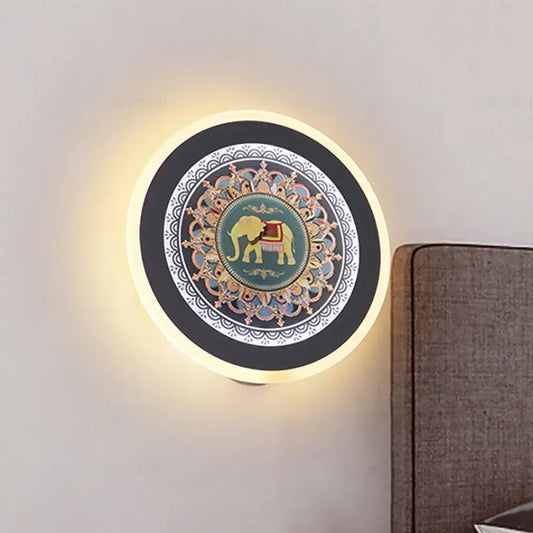 Moroccan elephant wall mural led lamp with glowing ring featuring teal and gold mandala elephant wall design