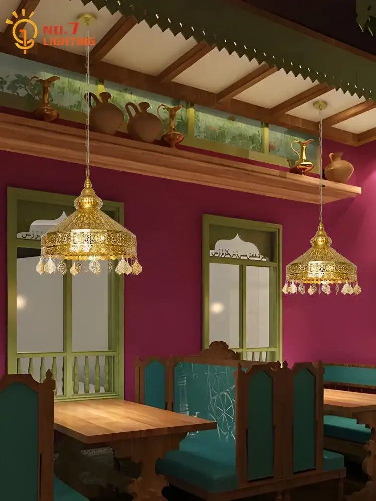 Moroccan gold lustre pendant lights featuring golden ornate design with crystal droplets for dining room decorbites gold lustre