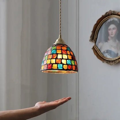Colorful mosaic floral and conch glass led pendant light with brass metal frame and twisted cord by decorbites conch glass