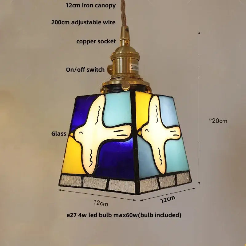 Decorbites conch glass led pendant light featuring white bird design with blue yellow and teal panels for dining room decor