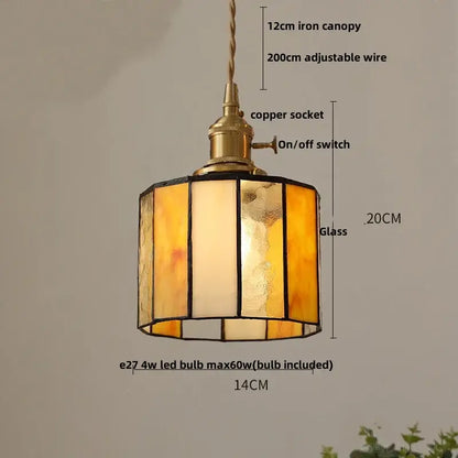 A warm amber amber-tinted mosaic floral decorbites conch glass led pendant light with brass copper socket and iron canopy