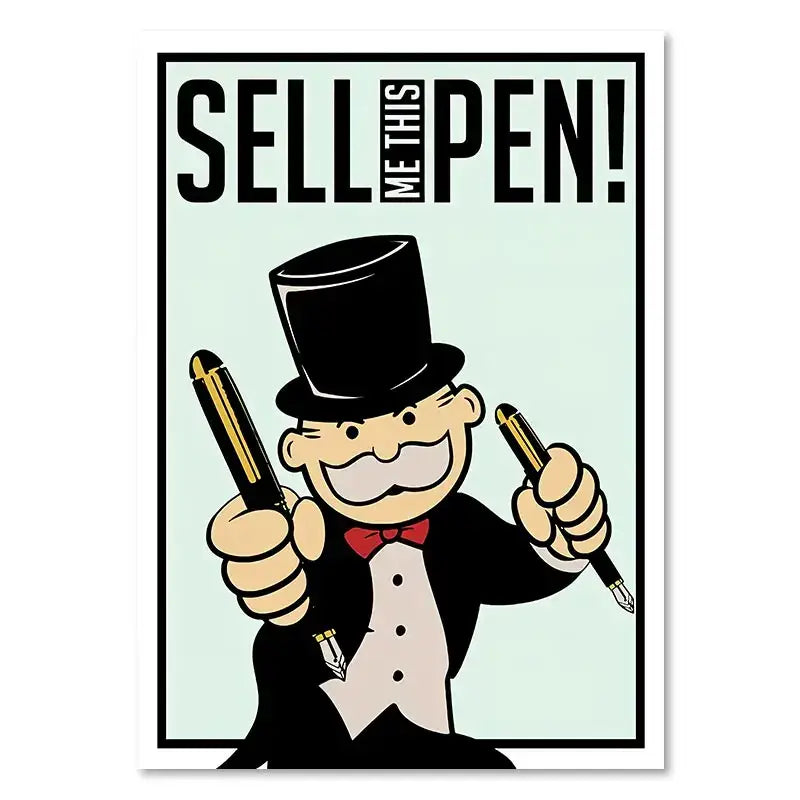 Decorbites™ dollar millionaire motivational cartoon canvas wall art featuring monopoly character with black top hat and red bow tie holding two pens