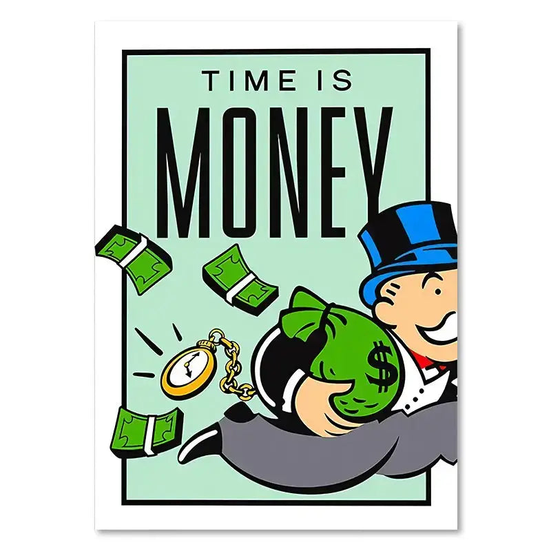 Cartoon canvas painting of a smiling man in blue top hat with money bag and falling bills for motivational wall art
