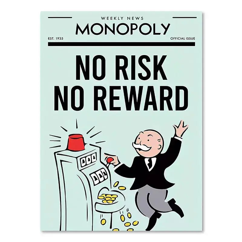 Decorbites™ light blue monopoly-themed canvas painting featuring a motivational quote with cartoon wall art