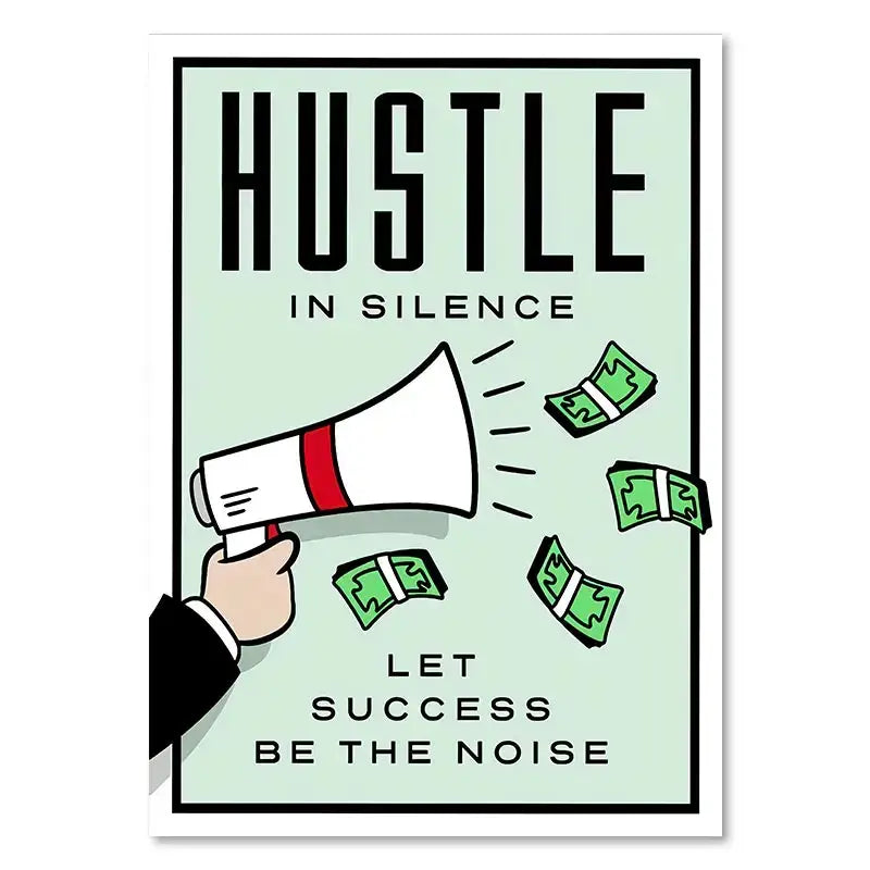 Decorbites™ dollar millionaire canvas painting wall art with motivational quote and cartoon megaphone with dollar bills