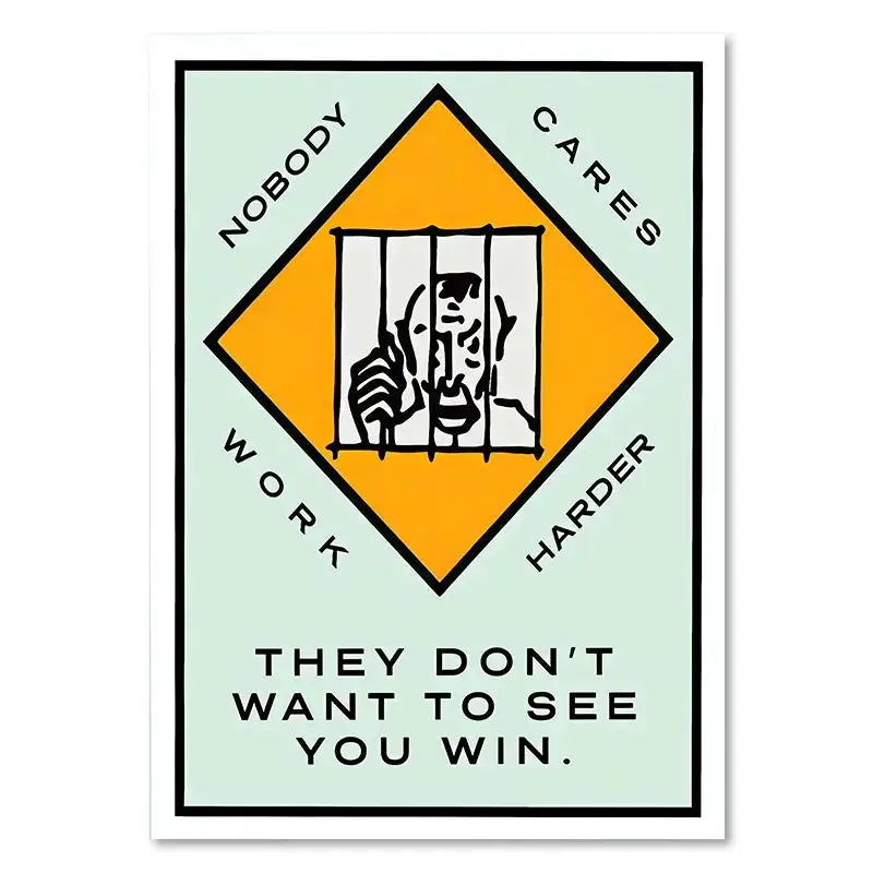 Decorbites™ dollar millionaire motivational cartoon canvas painting features bold yellow warning sign with black line art and text on mint wall art
