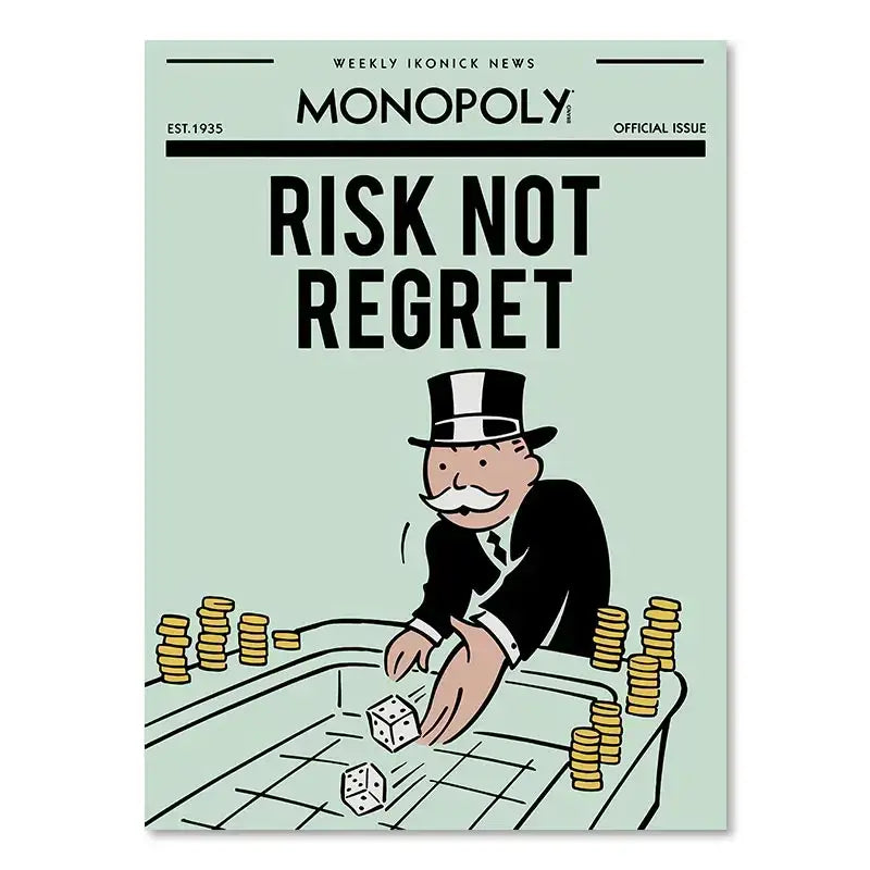 Monopoly-themed canvas painting featuring a cartoon man rolling dice with gold coins as motivational wall art by decorbites