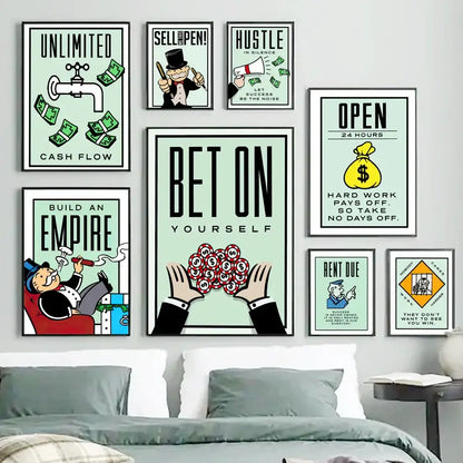 Set of eight DecorBites™ dollar millionaire motivational canvas paintings with colorful illustrations and bold quotes on mint backgrounds