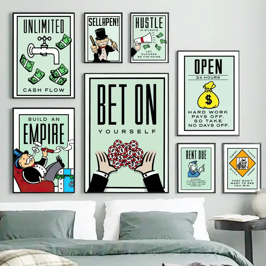 Set of eight DecorBites™ dollar millionaire motivational canvas paintings with colorful illustrations and bold quotes on mint backgrounds