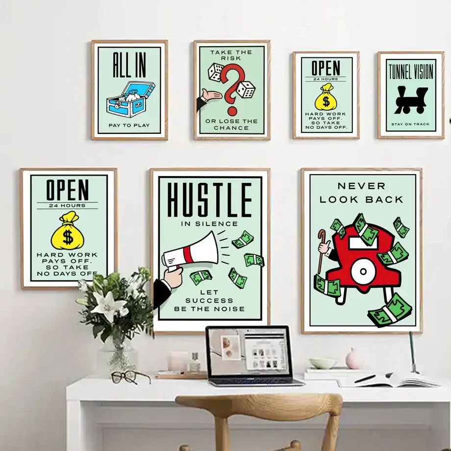 Set of seven DecorBites canvas painting motivational quote wall art with colorful cartoon illustrations in wooden frames