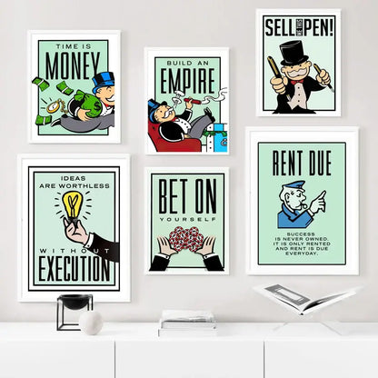 Set of six framed monopoly-themed mint canvas paintings featuring motivational quotes and colorful wall art for decor