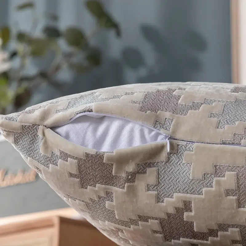 Beige and gray velvet pillow cover with geometric pattern and zipper interior for decorbites houndstooth luxury pillow decor