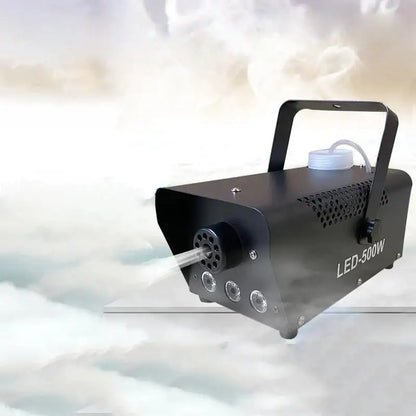 Black led 500w mini stage smoke machine with handle and perforated panel emitting mist for living room parties