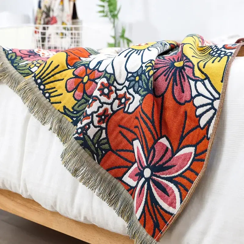 Multicolor gauze flower bath towel with vibrant floral pattern cotton throw blanket and fringe edges for decorbites gauze flower decor
