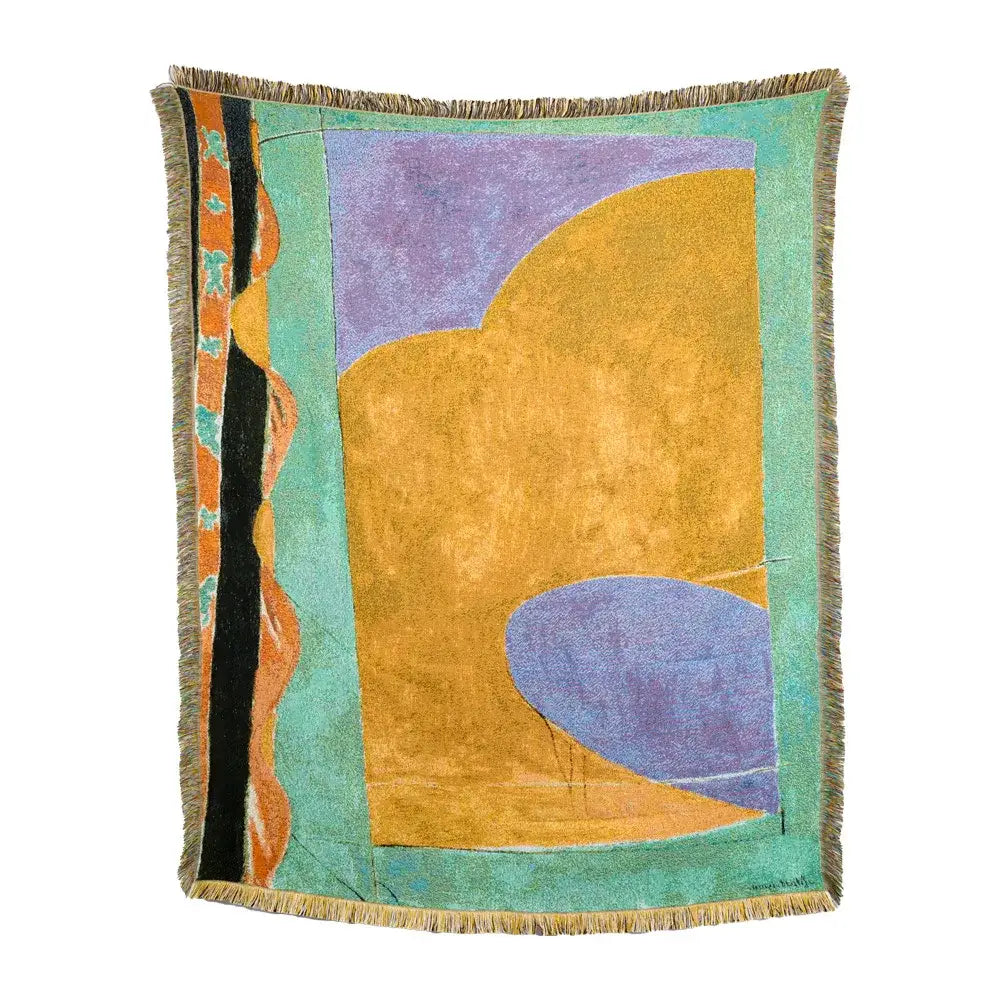 Multicolor patchwork striped jacquard tapestry blanket with abstract geometric shapes in mustard yellow, lavender, and teal