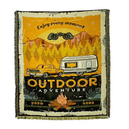 Vintage-style multicolor patchwork striped jacquard tapestry blanket with distressed orange outdoor adventure design