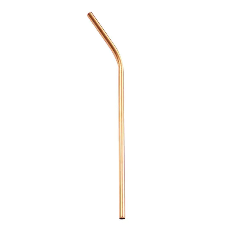 A sleek curved copper-colored stainless steel reusable straw with smooth finish and tapered ends for kitchen dining use